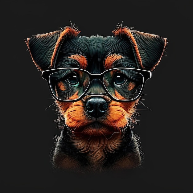 Portrait of a dog with glasses on a dark background The muzzle of a smart puppy in closeup Generative ai