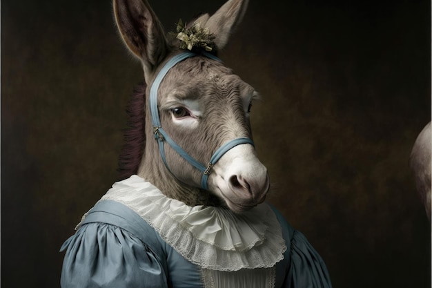 Portrait of donkey in a victorian dress