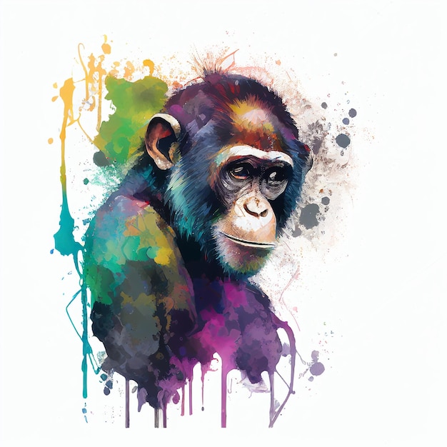 Portrait Drawing Monkey Macaque Paint Watercolor Vibrant Colors Generative AI