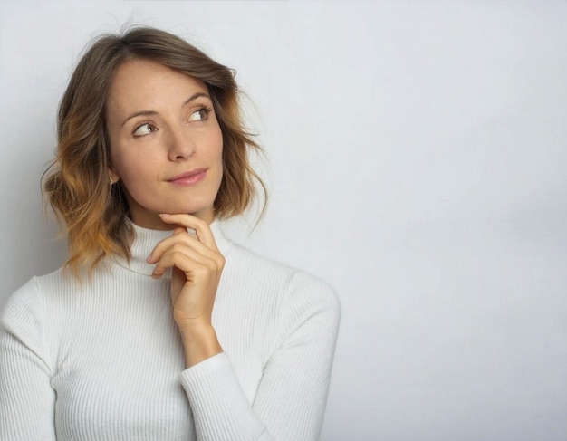 Photo portrait of dreaming young woman thinking looks left pensive on white background