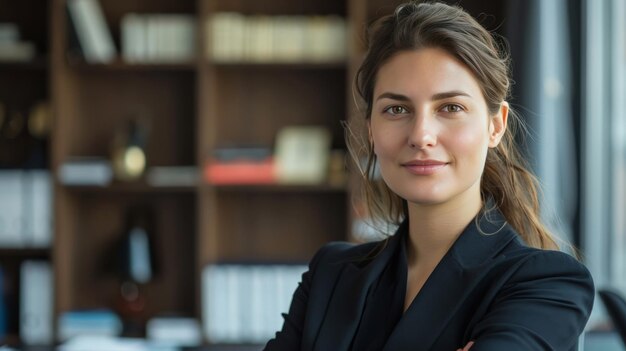 Photo portrait of a dynamic female lawyer in her office looking at the camera with a confident charming smile