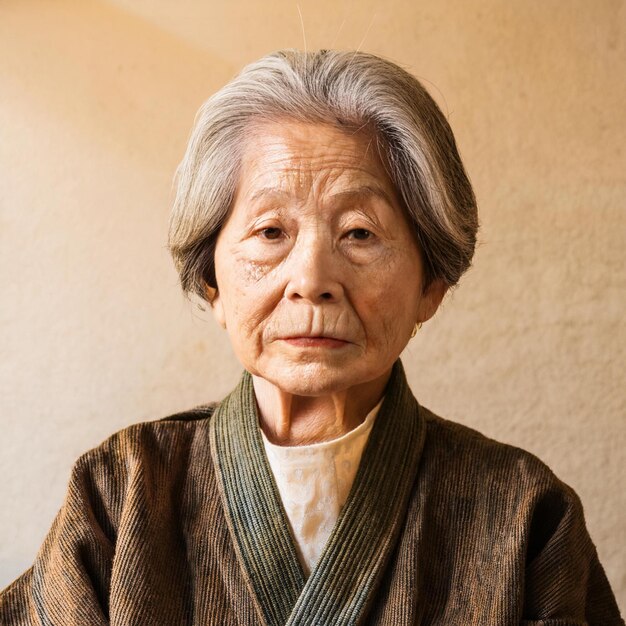 Portrait of an elderly Asian woman with grey hair and a green kimono against a minimal background