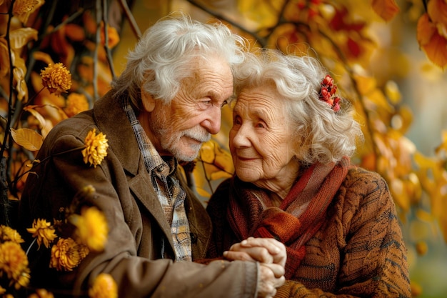 A portrait of an elderly couple looking into each others eyes