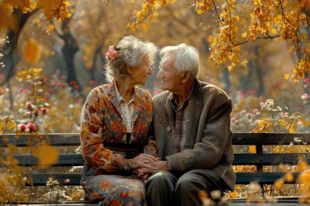 A portrait of an elderly couple looking into each others eyes