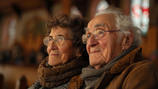 Portrait of an elderly couple sitting together in a church looking content and serene surrounded by warm lighting