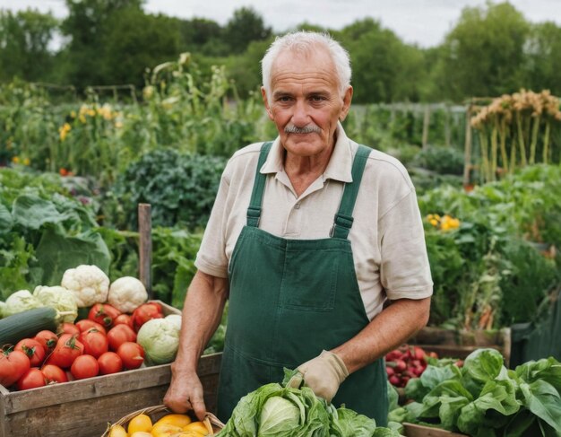 Portrait of an elderly farmer in nature AI generation