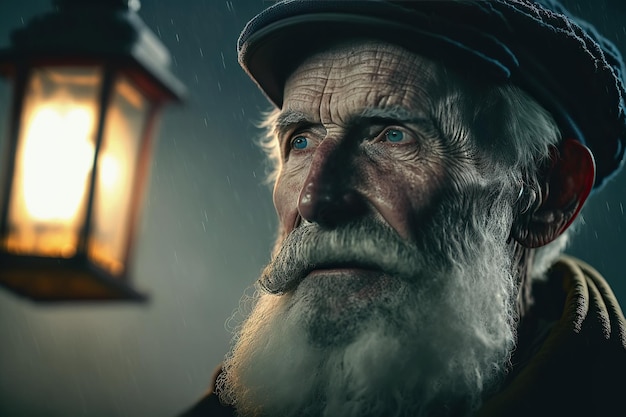 Portrait of an elderly lonely sad bearded man on street in the rain Generative AI