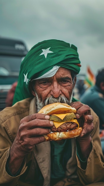 Portrait of an Elderly Man Eating a Cheeseburger with a Green Flag in the Background