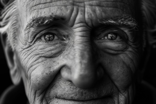 Portrait of an elderly man grandpa smiling with a large closeup of his face in black and white