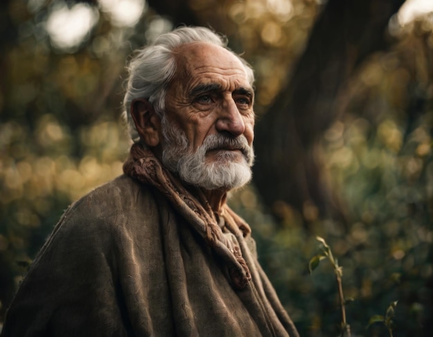 Portrait of an elderly man in national costume in nature Generation of AI