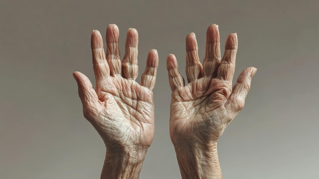 Photo portrait of an elderly person with frail hands symbolizing health problems among elderly neutral background