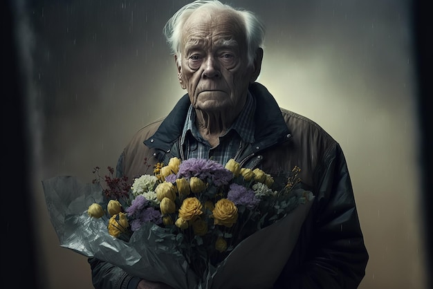 Portrait of an elderly sad retired man with a bouquet of flowers on street in evening in rain