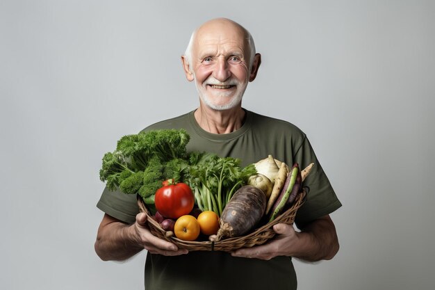 Portrait of an elderly smiling man holding a set of fresh vegetables