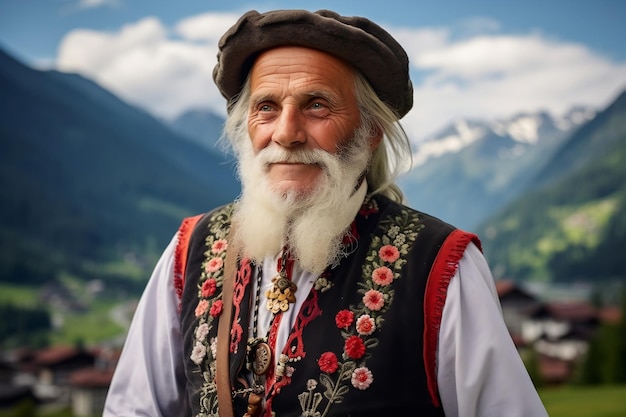 Portrait of an Elderly Swiss Man in Traditional Alpine Attire Generative Ai