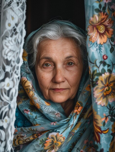 Portrait of Elderly Woman in Floral Headscarf by Lace Curtain