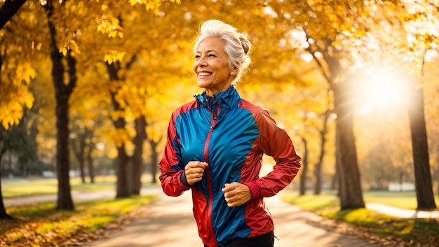 portrait of an elderly woman jogging autumn park