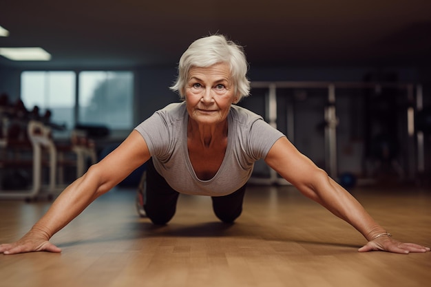 Portrait of elderly woman practicing Pilates for flexibility