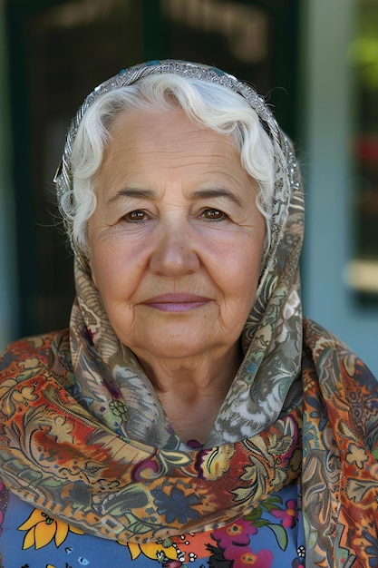 Photo portrait of an elderly woman in a scarf on the street