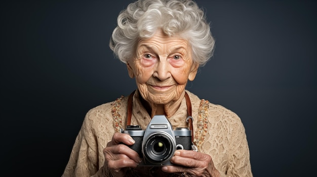 Portrait of an elderly woman with a camera in her hands