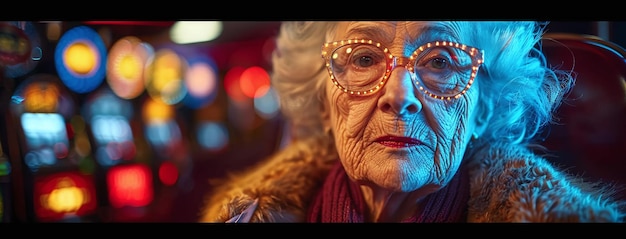 Portrait of an elderly woman with glasses colorful bokeh lights in the background