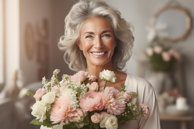 portrait elderly woman with gray hair holding bouquet of flowers and smiling at home