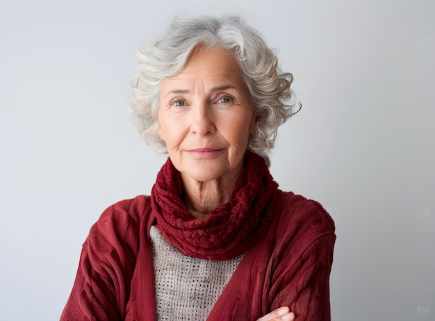 Photo portrait of an elderly woman with gray hair and a red scarf