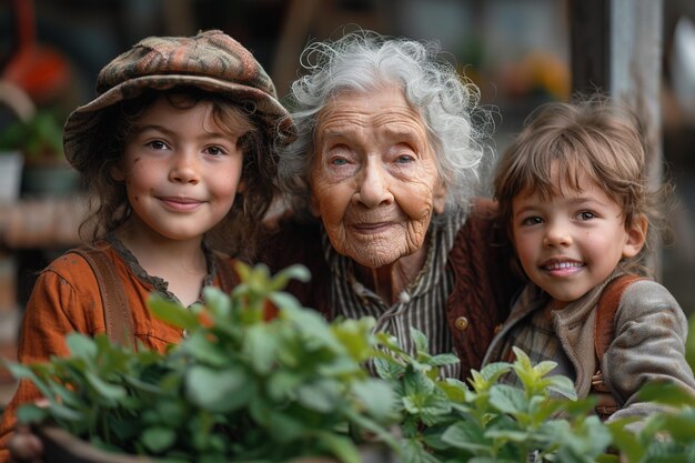 Portrait of an elderly woman with her grandchildren in the garden