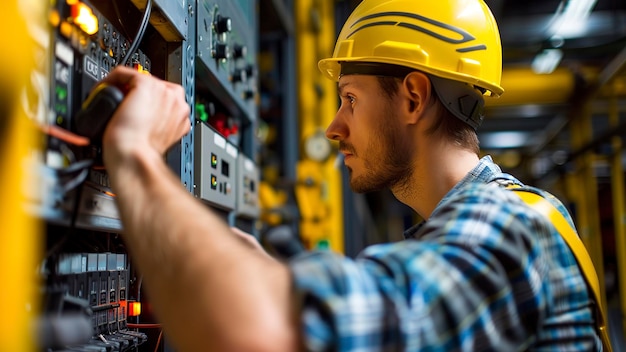 portrait of a electrician in a helmet electrician engineer with yellow helmet at the workstation