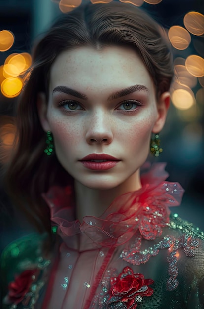 Portrait of elegant beautiful caucasian young woman on the street hollow light blossom magnolia model flower red suit green chatilly pink and emeralds AI Generated