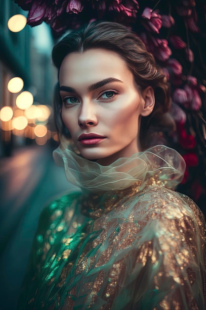 Portrait of elegant beautiful caucasian young woman on the street hollow light blossom magnolia model flower red suit green chatilly pink and emeralds AI Generated