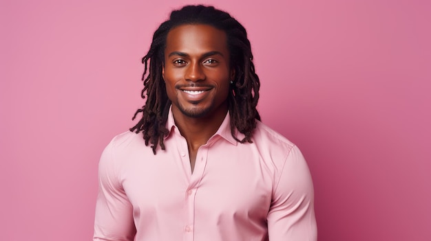 Portrait of an elegant sexy smiling African man with dark and perfect skin and long hair on a pink