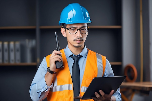 Portrait of an elegant young engineer holding walkie talkies have a vision of a leader