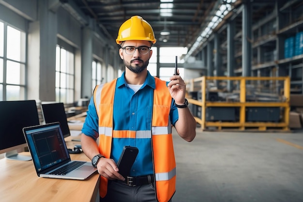 Portrait of an elegant young engineer holding walkie talkies have a vision of a leader