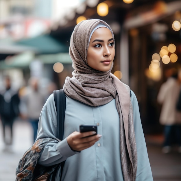 Portrait of elegant young Malaysian woman with smart phone outdoor Generative AI