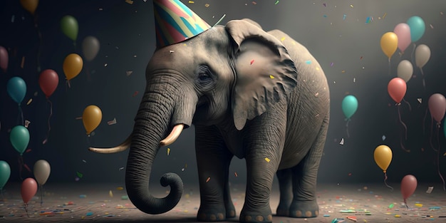 Portrait of a elephant at his birthday party with party hat and has a wild cake with candles wearing a party hat balloons and confetti