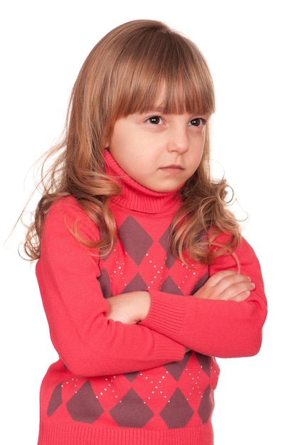 Portrait of emotionally kid Funny little girl isolated on white background Beautiful caucasian model