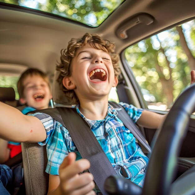 Photo portrait of energetic drivers kids joyous car journeys