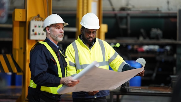 Portrait of engineer and apprentice in workshop of railway engineering facility