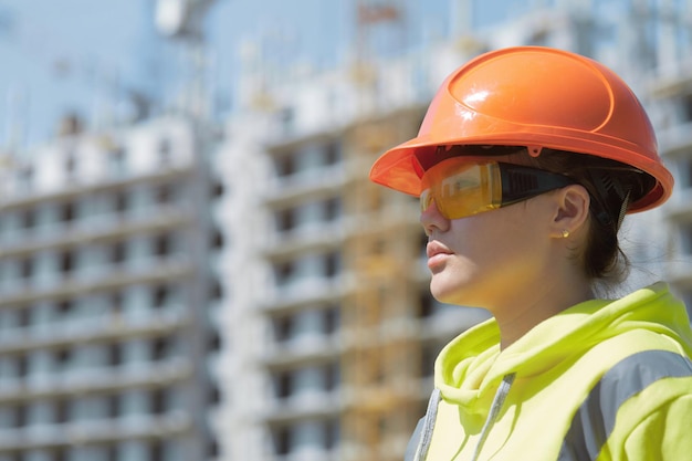 Portrait of an engineer girl in a helmet and goggles on the background of a multi-storey building under construction