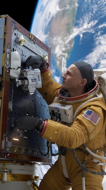 Photo portrait of engineer servicing a panel on a communication satellite with an automatic screw gun in