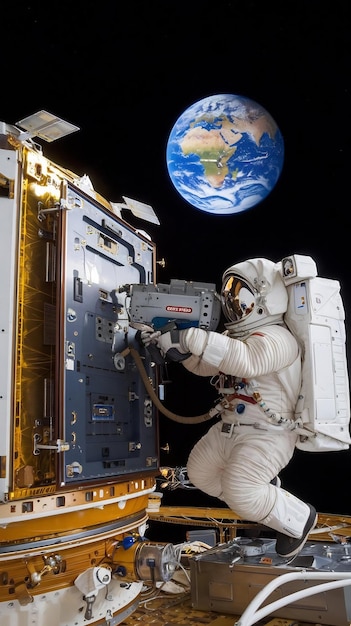 Photo portrait of engineer servicing a panel on a communication satellite with an automatic screw gun in