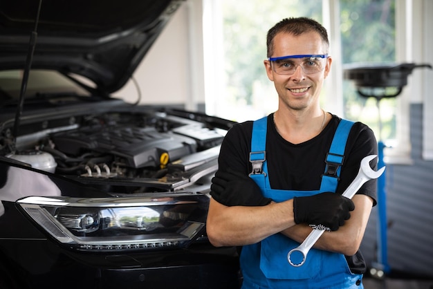 Portrait of european caucasian car mechanic in uniform with tools in his hands looks at the camera