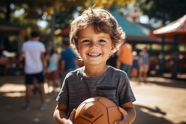 Portrait of European Little Boy Holding Ball in Field with Happy Expression AI Generative