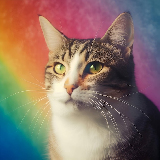 portrait of european shorthair cat in front of rainbow background