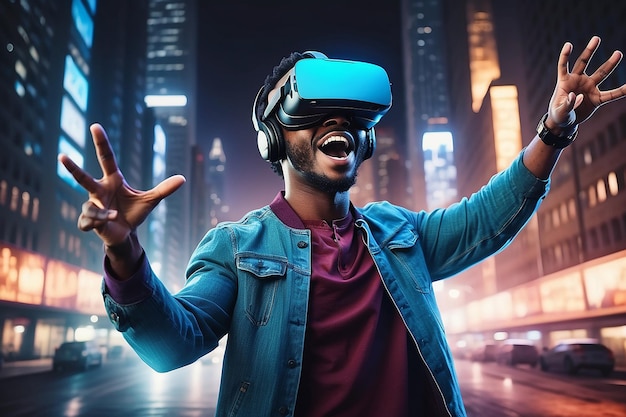 Portrait of an excited African American man in virtual reality glasses playing a game in a night