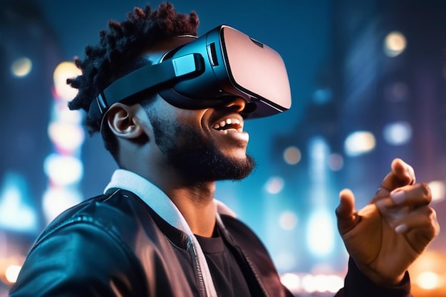 Portrait of an excited African American man in virtual reality glasses playing a game in a night