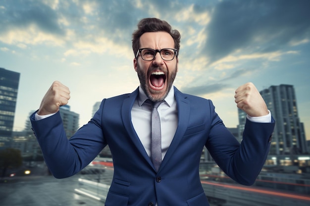 Portrait of an excited businessman dressed in suit standing