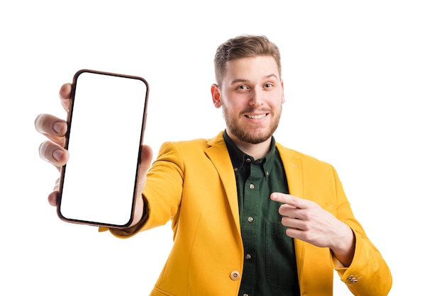 Portrait of excited caucasian male holding