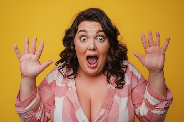 Photo portrait of excited overjoyed woman with surprised expression