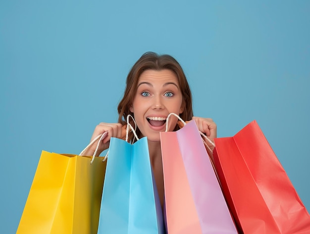 Photo portrait of an excited woman peeking into her shopping bag joyful and surprised